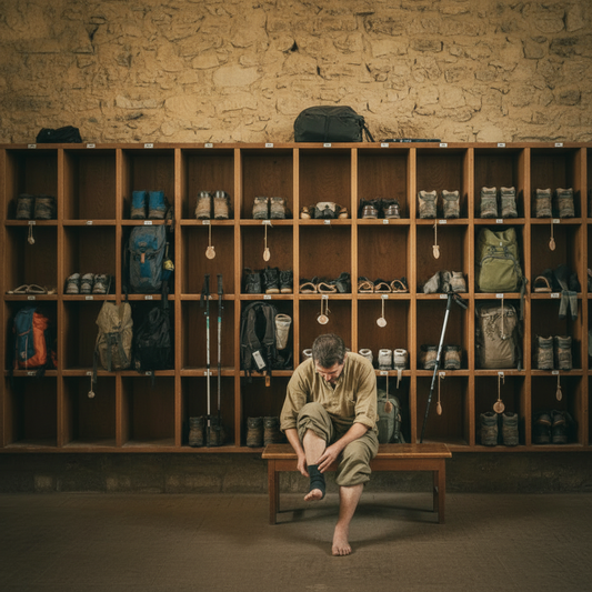 Pilgrim tending a foot in a warm Camino albergue beside rows of hiking gear lockers
