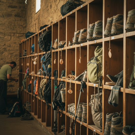 Muddy hiking shoes, backpacks, and trekking poles lined up in an albergue gear area on the Camino de Santiago.