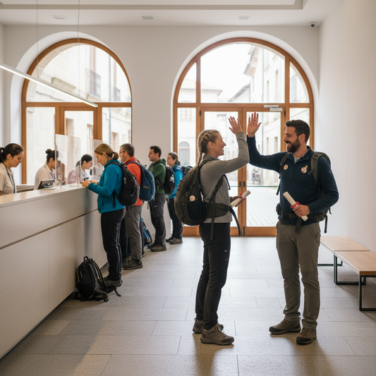 Two pilgrims high-five while holding rolled Compostela certificates inside the Pilgrim’s Office in Santiago de Compostela.