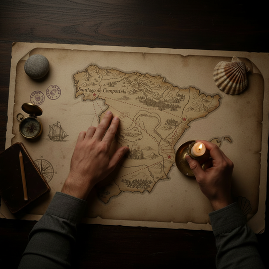 Candlelit wooden desk with an antique map of Spain showing the Camino de Santiago pilgrimage routes converging on Santiago de Compostela, one hand holding a candle and the other pointing at the route, beside a scallop shell and a brass compass.