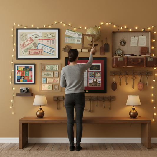 Woman seen from behind hanging a framed travel keepsake on a warm ochre Camino display wall with string lights, a vintage suitcase, maps, lamps, and travel memorabilia.