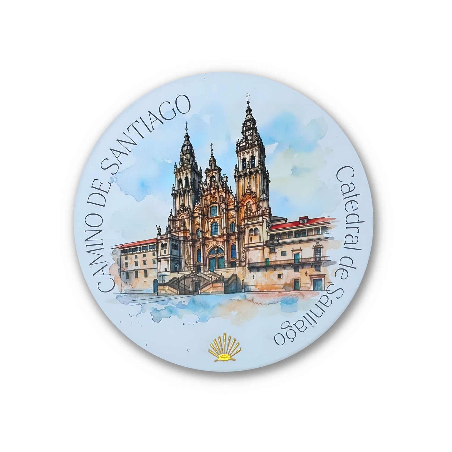 Camino de Santiago ceramic drink coaster featuring Catedral de Santiago watercolor with gold foil scallop shell accent