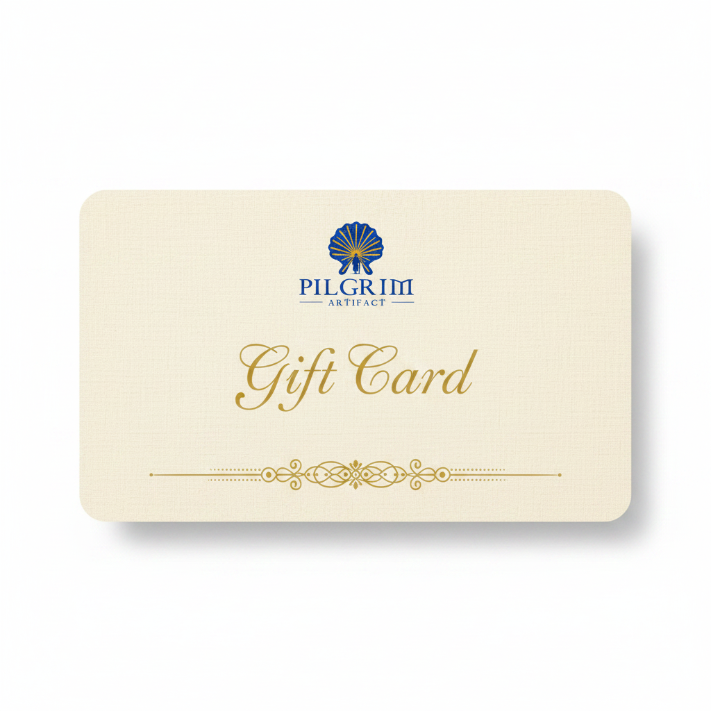 Pilgrim Artifact gift card featuring a blue-and-gold scallop shell logo on a cream card with an ornate gold border. 