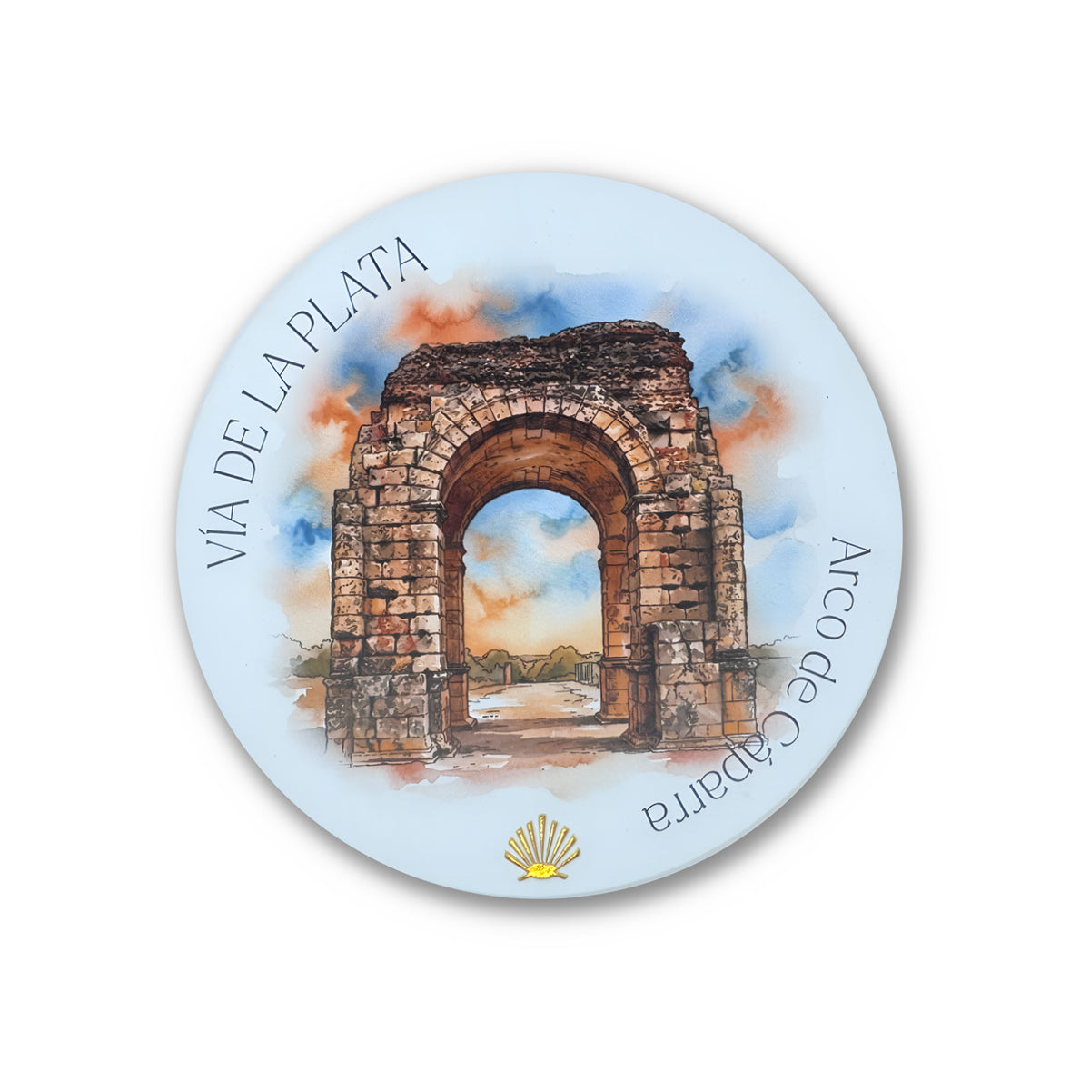 Vía de la Plata ceramic drink coaster — round matte finish with ancient Roman arch watercolor and gold scallop shell on white background
