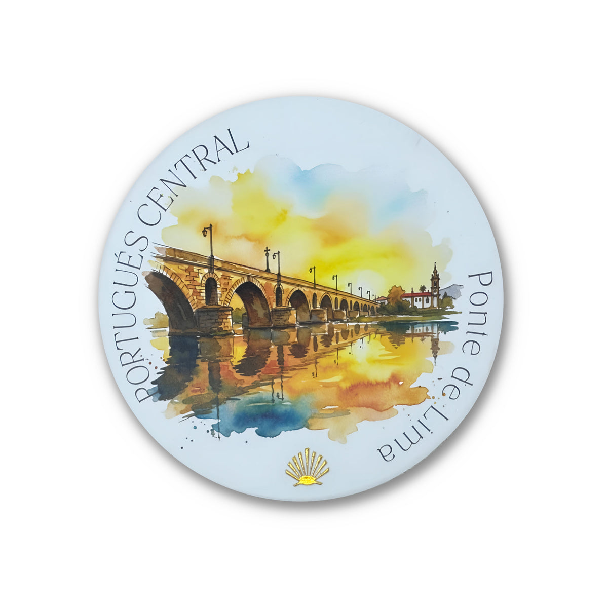 Camino Portugués Central ceramic drink coaster — round matte finish with watercolor Ponte de Lima bridge illustration and gold foil scallop shell on white background 