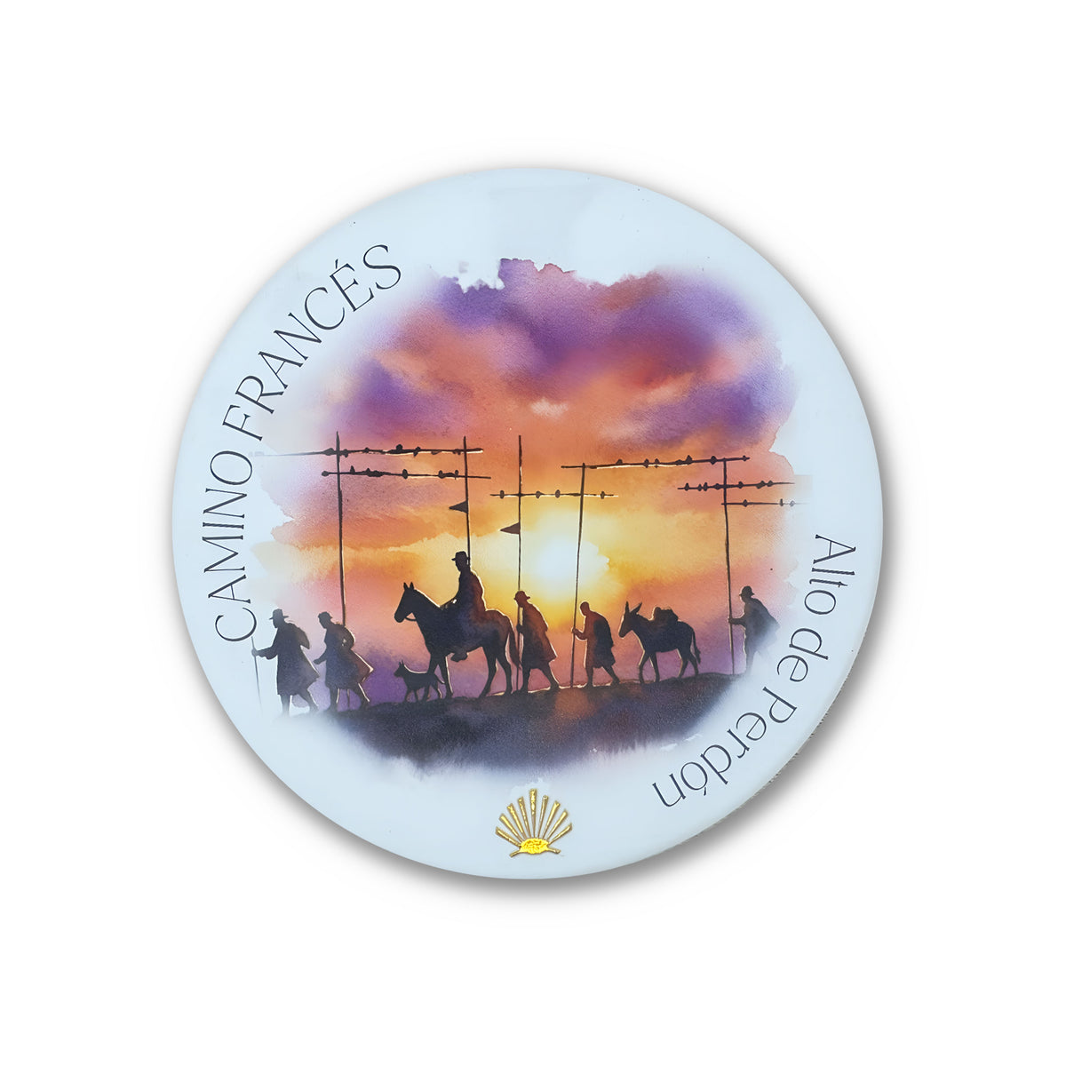 Camino Francés ceramic drink coaster — round matte finish with watercolor Alto de Perdón pilgrim caravan silhouette and gold foil scallop shell on white background 