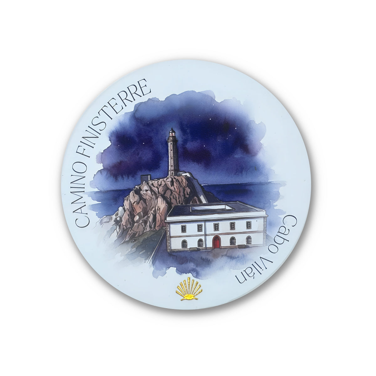 Camino Finisterre ceramic drink coaster — round matte finish with Cabo Vilán lighthouse watercolor against a star-filled night sky and gold foil scallop shell on white background
