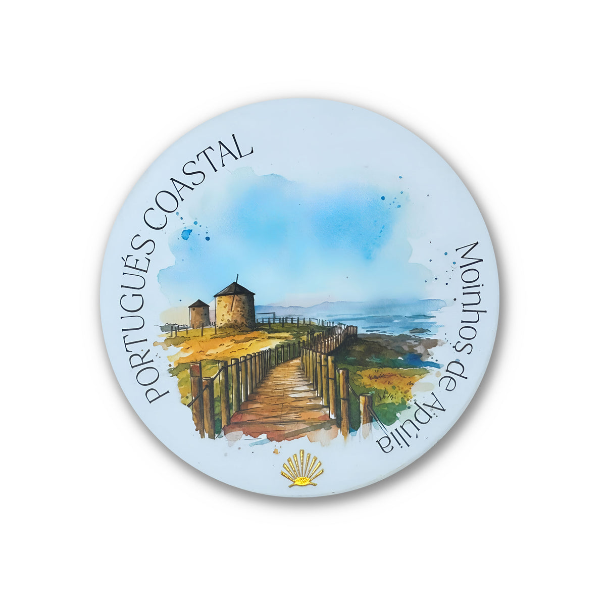 Pilgrim Artifact Camino Portugués Coastal Camino de Santiago ceramic coaster featuring a watercolor boardwalk and windmills at Moinhos de Apúlia, Portugal on a white background.