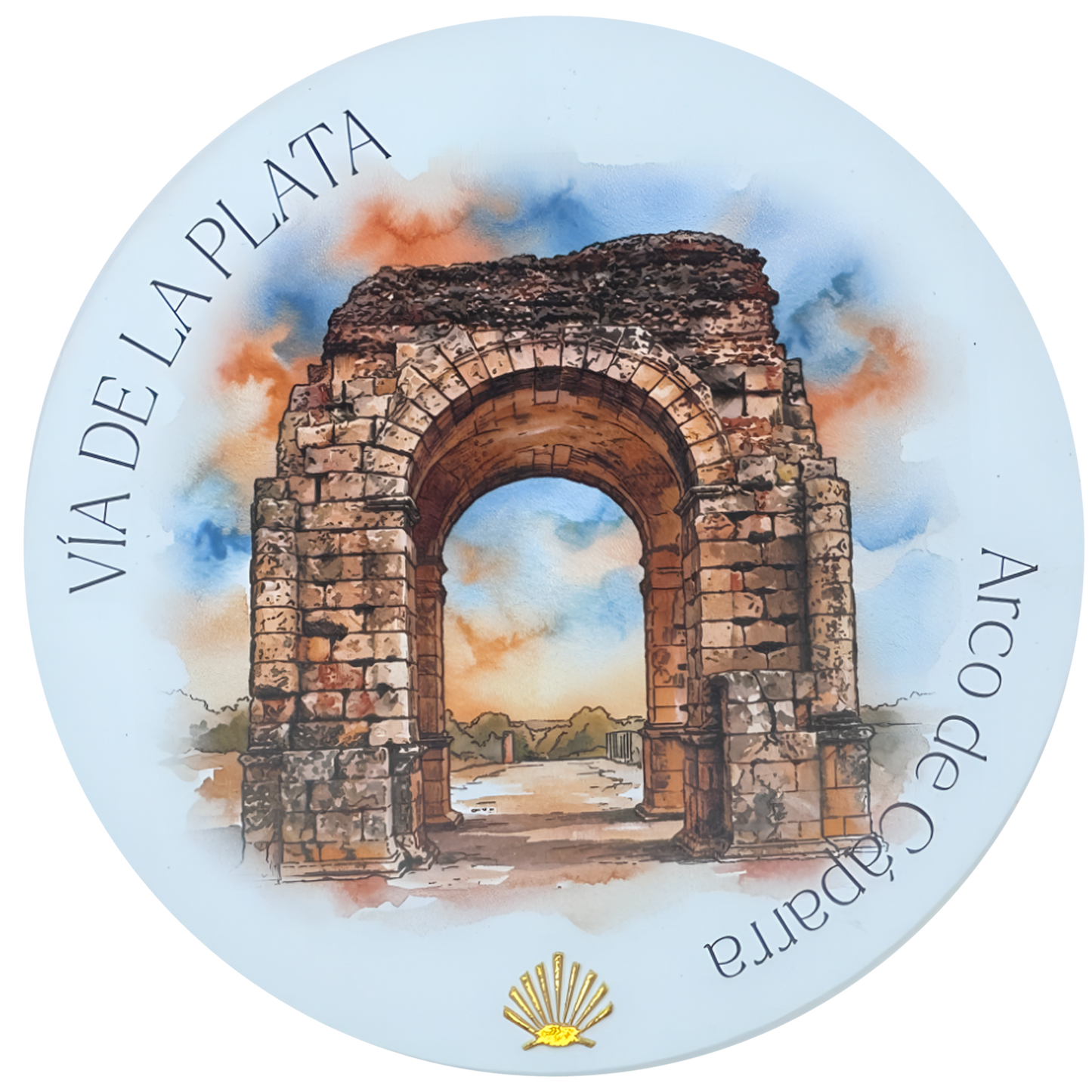 Vía de la Plata ceramic drink coaster featuring Arco de Cáparra watercolor with gold foil scallop shell accent 