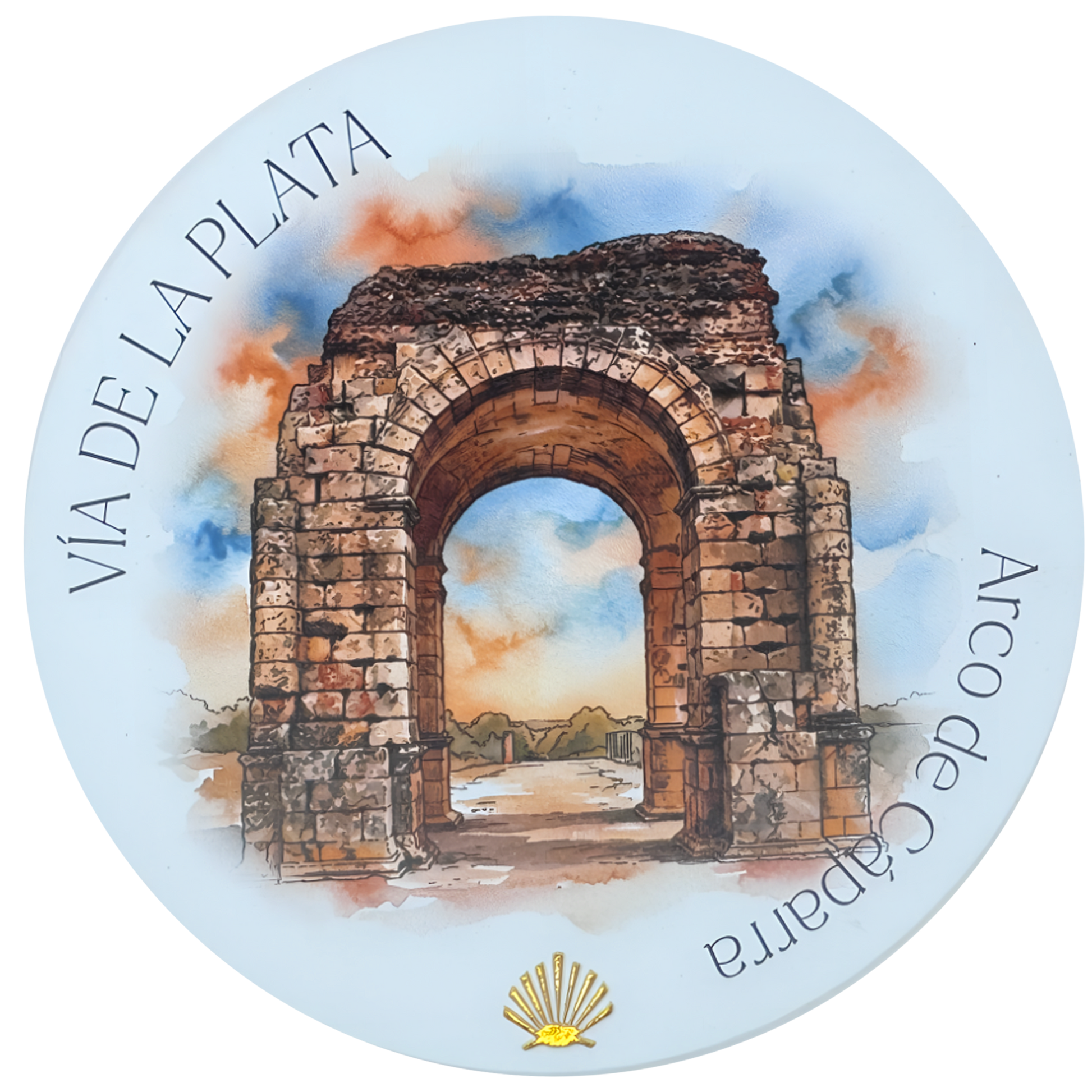 Vía de la Plata ceramic drink coaster featuring Arco de Cáparra watercolor with gold foil scallop shell accent 