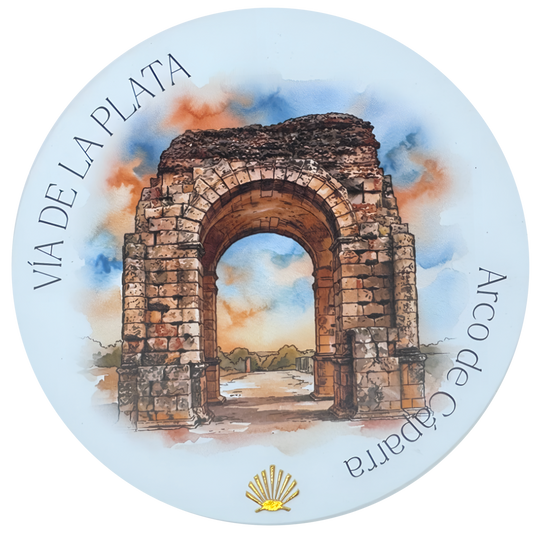 Vía de la Plata ceramic drink coaster featuring Arco de Cáparra watercolor with gold foil scallop shell accent 
