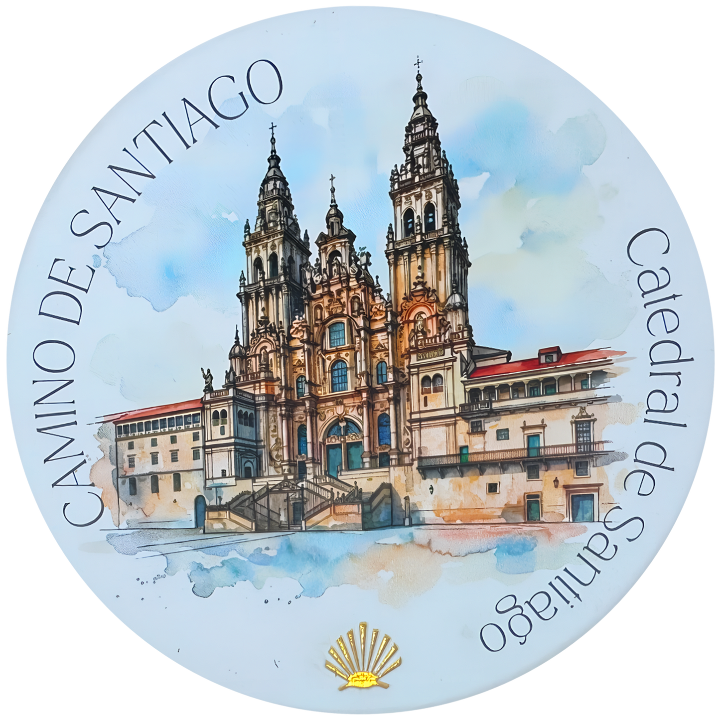 Camino de Santiago ceramic drink coaster featuring Catedral de Santiago watercolor with gold foil scallop shell accent