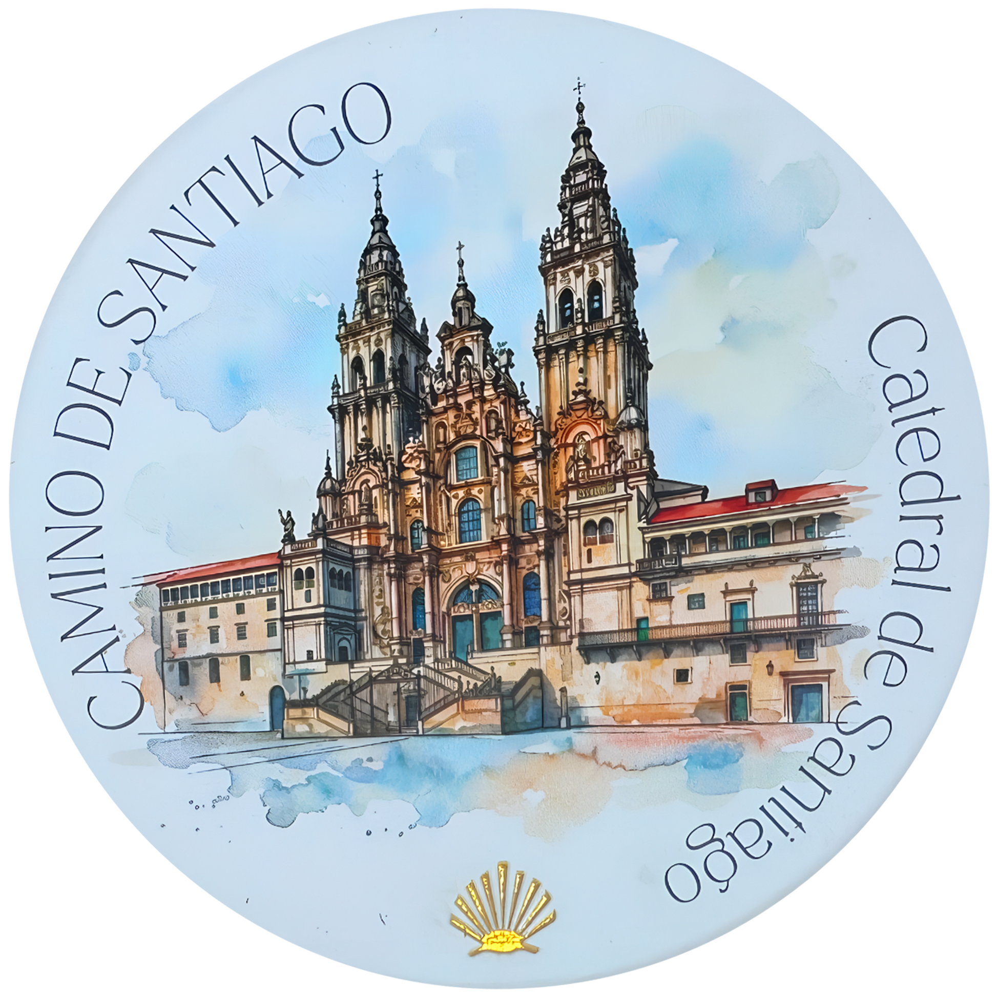 Camino de Santiago ceramic drink coaster featuring Catedral de Santiago watercolor with gold foil scallop shell accent