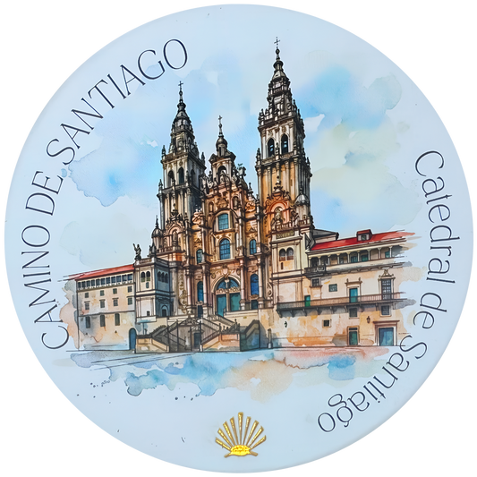 Camino de Santiago ceramic drink coaster featuring Catedral de Santiago watercolor with gold foil scallop shell accent