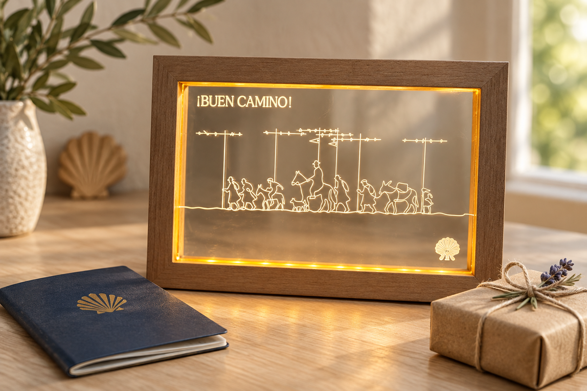 Pilgrim Artifact Alto del Perdón Camino LED frame beside a pilgrim credential and wrapped gift.