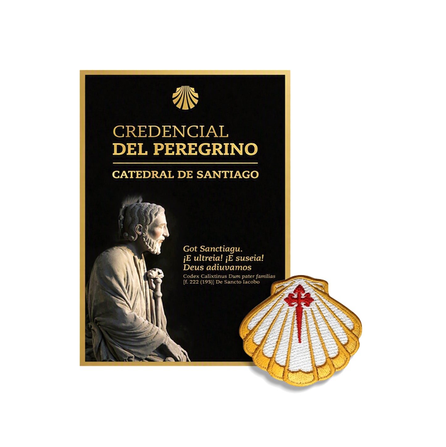 Credencial del Peregrino from the Cathedral of Santiago beside an embroidered scallop shell patch with Cross of Saint James, Camino de Santiago gift bundle
