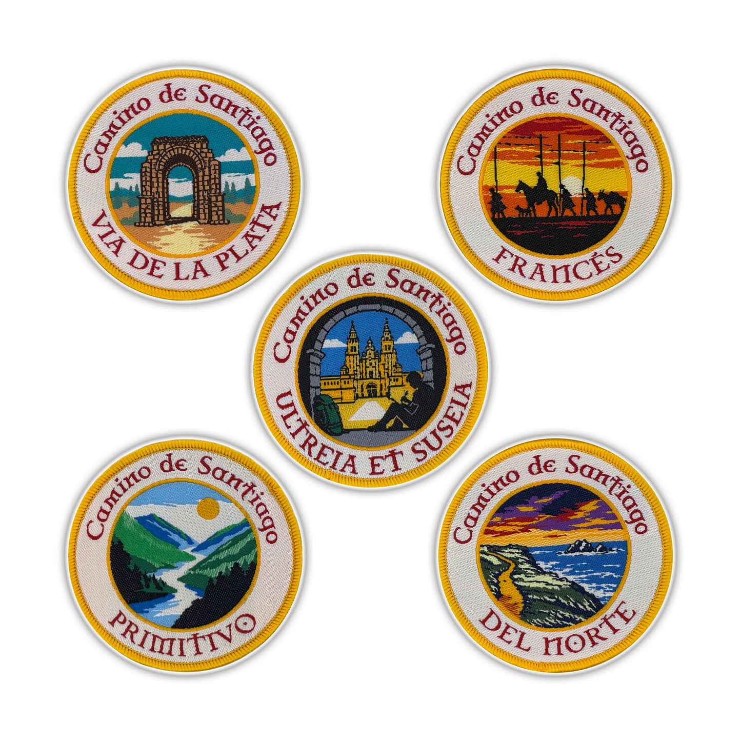 Five circular woven patches depicting different routes of the Camino de Santiago on a white background.
