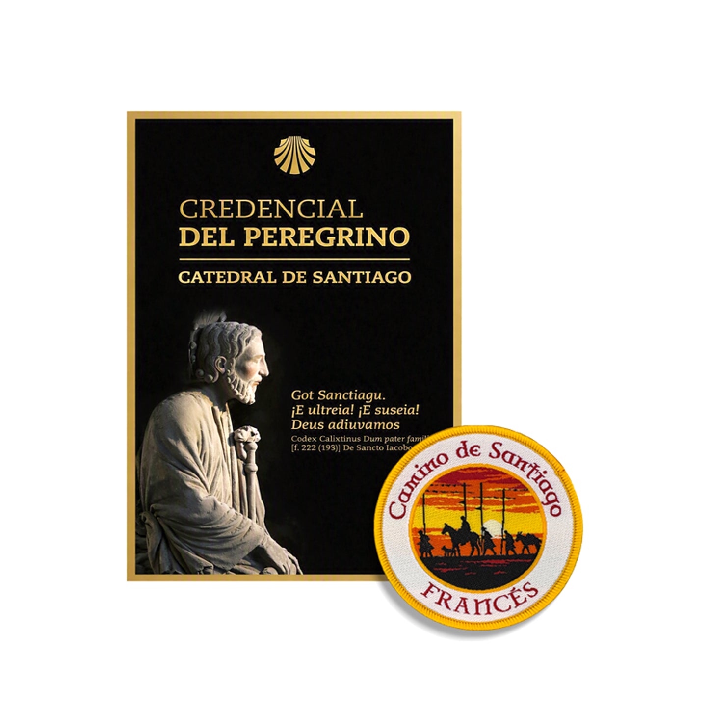 Credencial del Peregrino from the Cathedral of Santiago beside a woven Camino Francés patch, Camino de Santiago gift bundle
