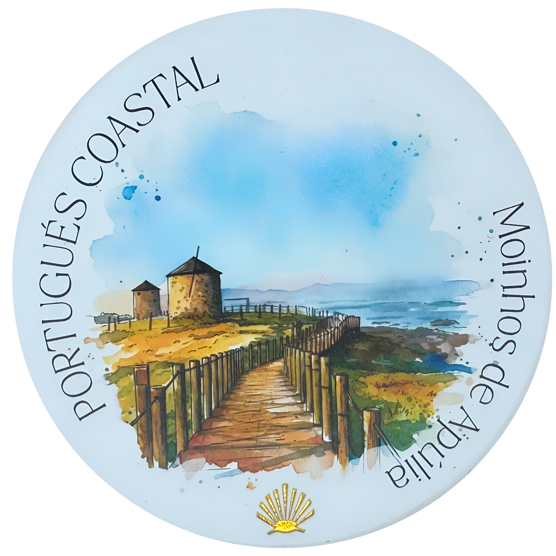 Camino Portugués Coastal ceramic drink coaster featuring Moinhos de Apúlia boardwalk watercolor with gold foil scallop shell accent