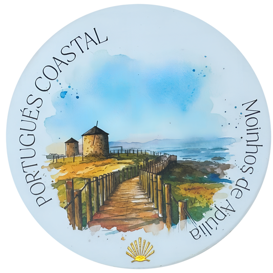 Camino Portugués Coastal ceramic drink coaster featuring Moinhos de Apúlia boardwalk watercolor with gold foil scallop shell accent