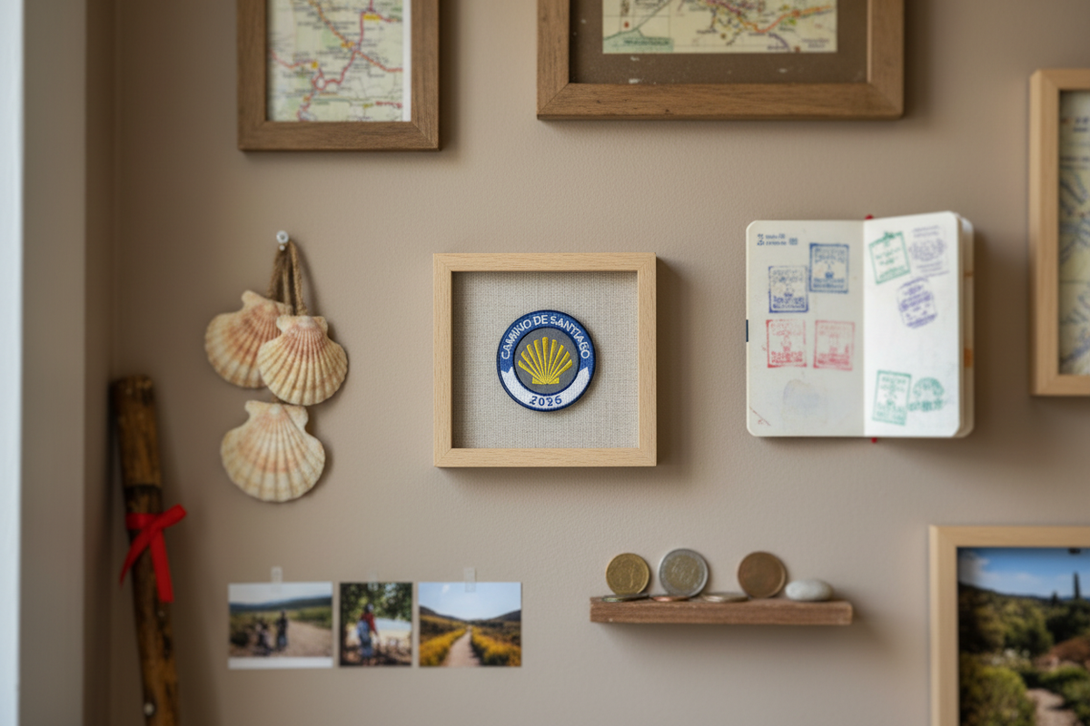 Blue and white Camino de Santiago 2026 year badge patch framed on a Camino memory wall