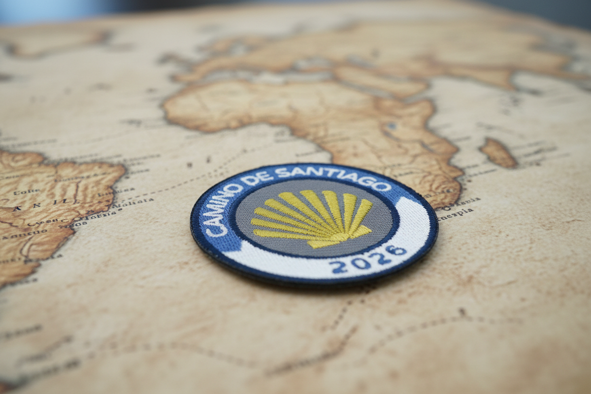 Blue and white Camino de Santiago 2026 year badge patch resting on an antique map of the Camino routes