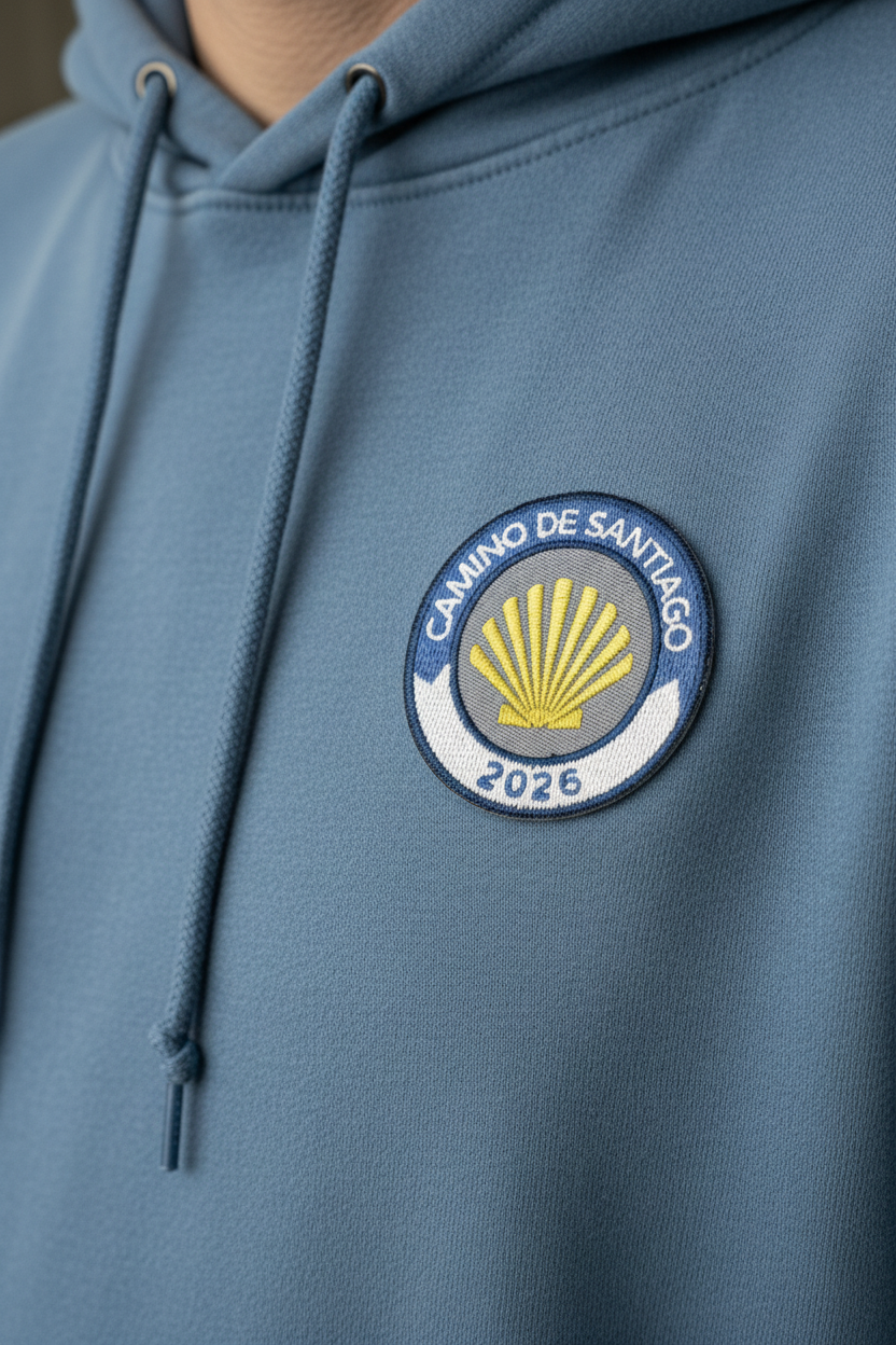 Blue and white Camino de Santiago 2026 year badge patch on a stone blue hoodie