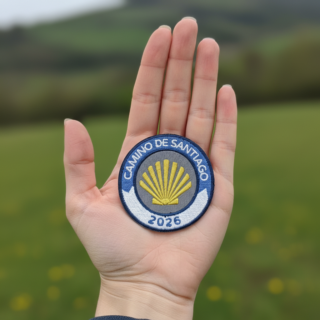 Blue and white Camino de Santiago 2026 year badge iron-on patch from Pilgrim Artifact resting on an open hand