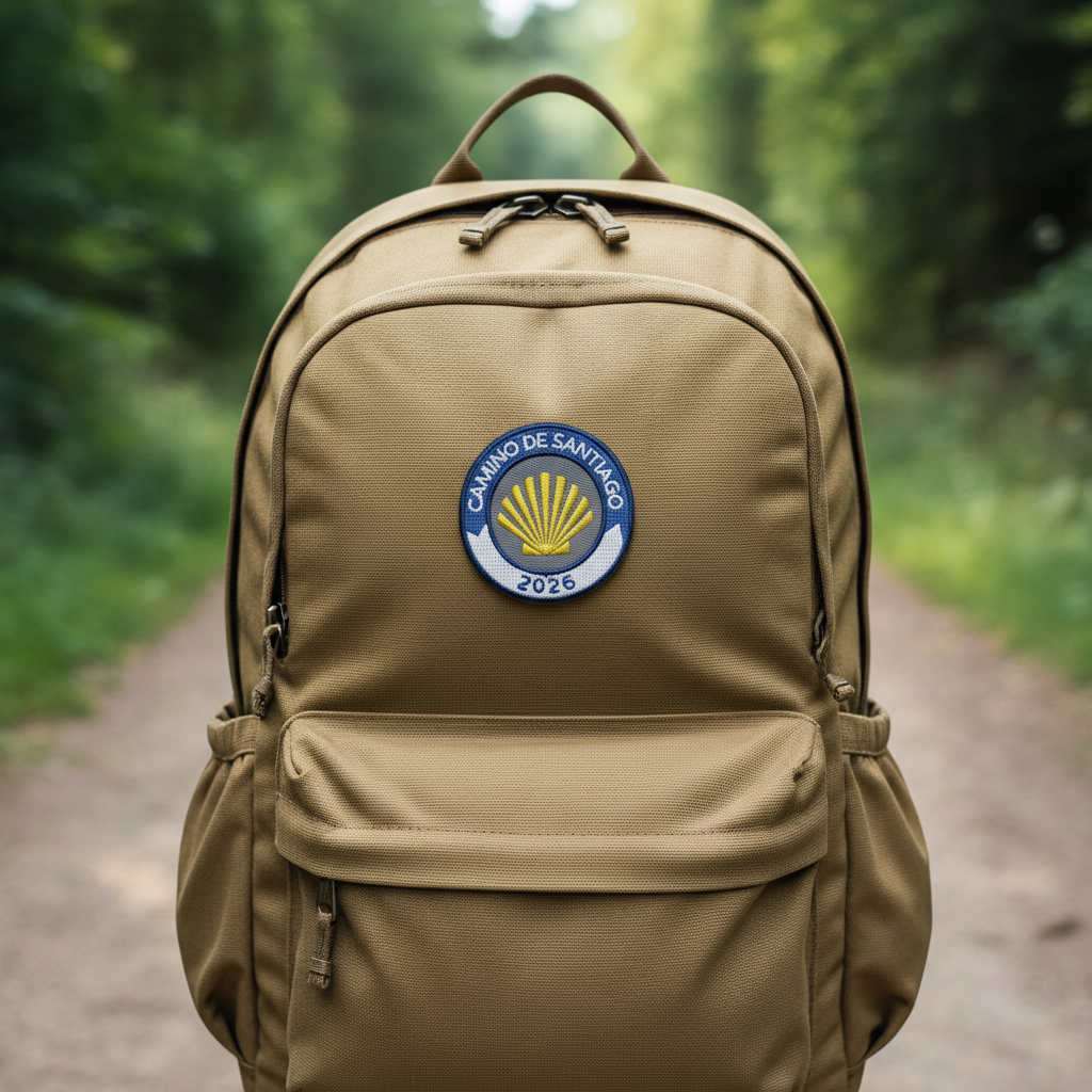 Blue and white Camino de Santiago 2026 year badge iron-on patch on a tan pilgrim backpack