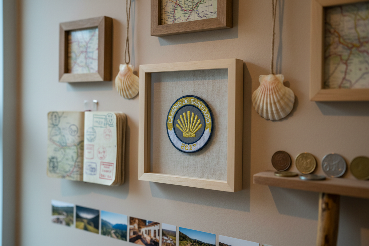 Gold and white Camino de Santiago 2027 year badge patch framed on a Camino memory wall