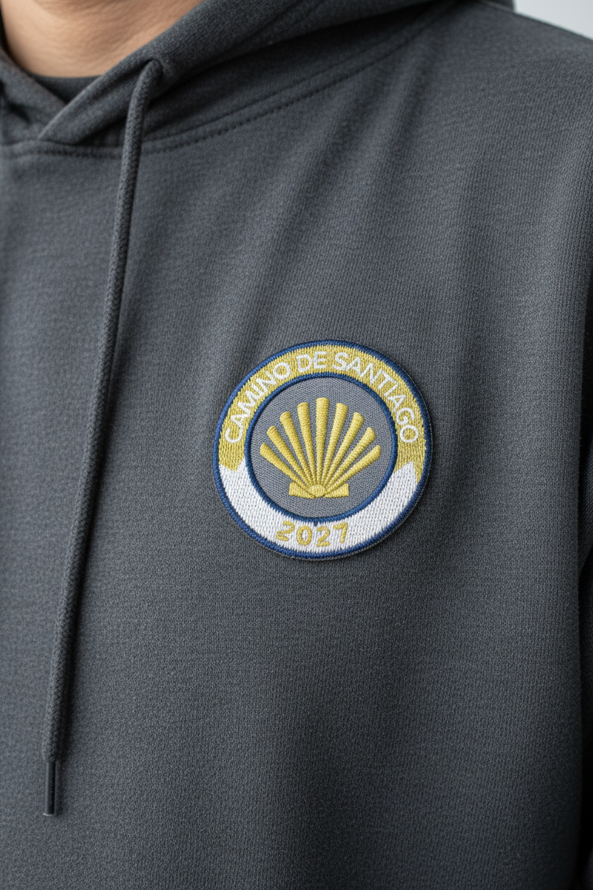 Gold and white Camino de Santiago 2027 year badge patch on a charcoal hoodie