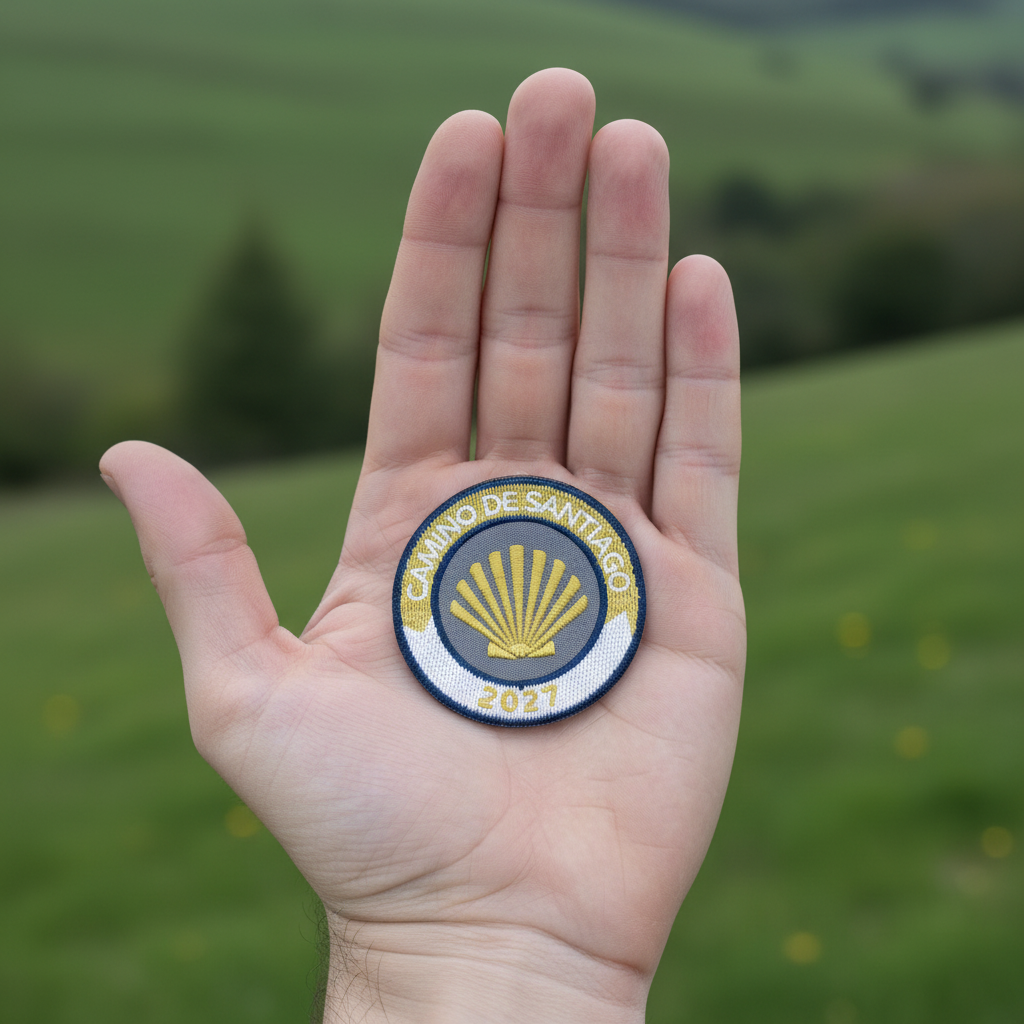 Gold and white Camino de Santiago 2027 year badge iron-on patch from Pilgrim Artifact resting on an open hand
