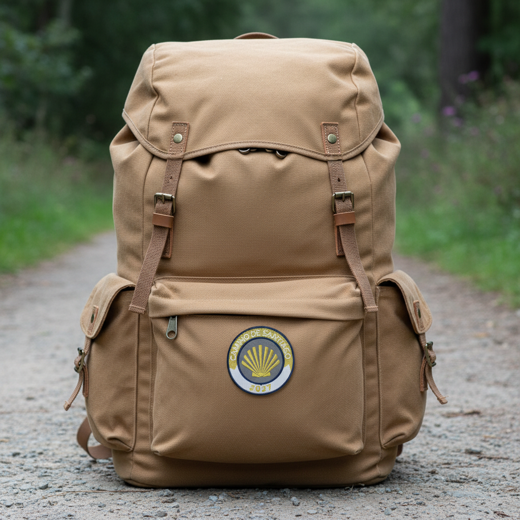 Gold and white Camino de Santiago 2027 year badge iron-on patch on a tan pilgrim backpack panel