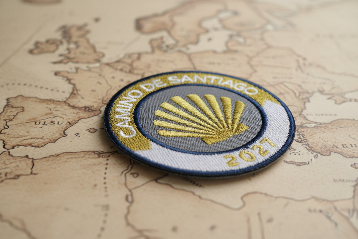 Gold and white Camino de Santiago 2027 year badge iron-on patch from Pilgrim Artifact resting at an angle on an antique map. 