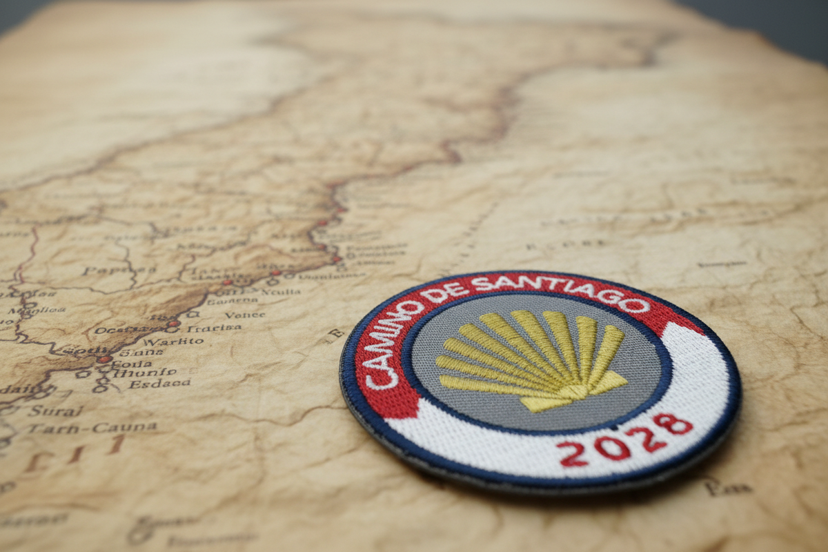Red and white Camino de Santiago 2028 year badge iron-on patch from Pilgrim Artifact resting at an angle on an antique map