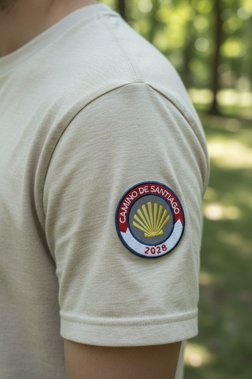 Red and white Camino de Santiago 2028 year badge patch on a beige t-shirt