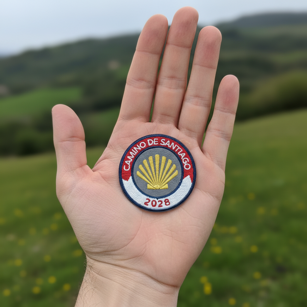 Red and white Camino de Santiago 2028 year badge iron-on patch from Pilgrim Artifact resting on an open hand