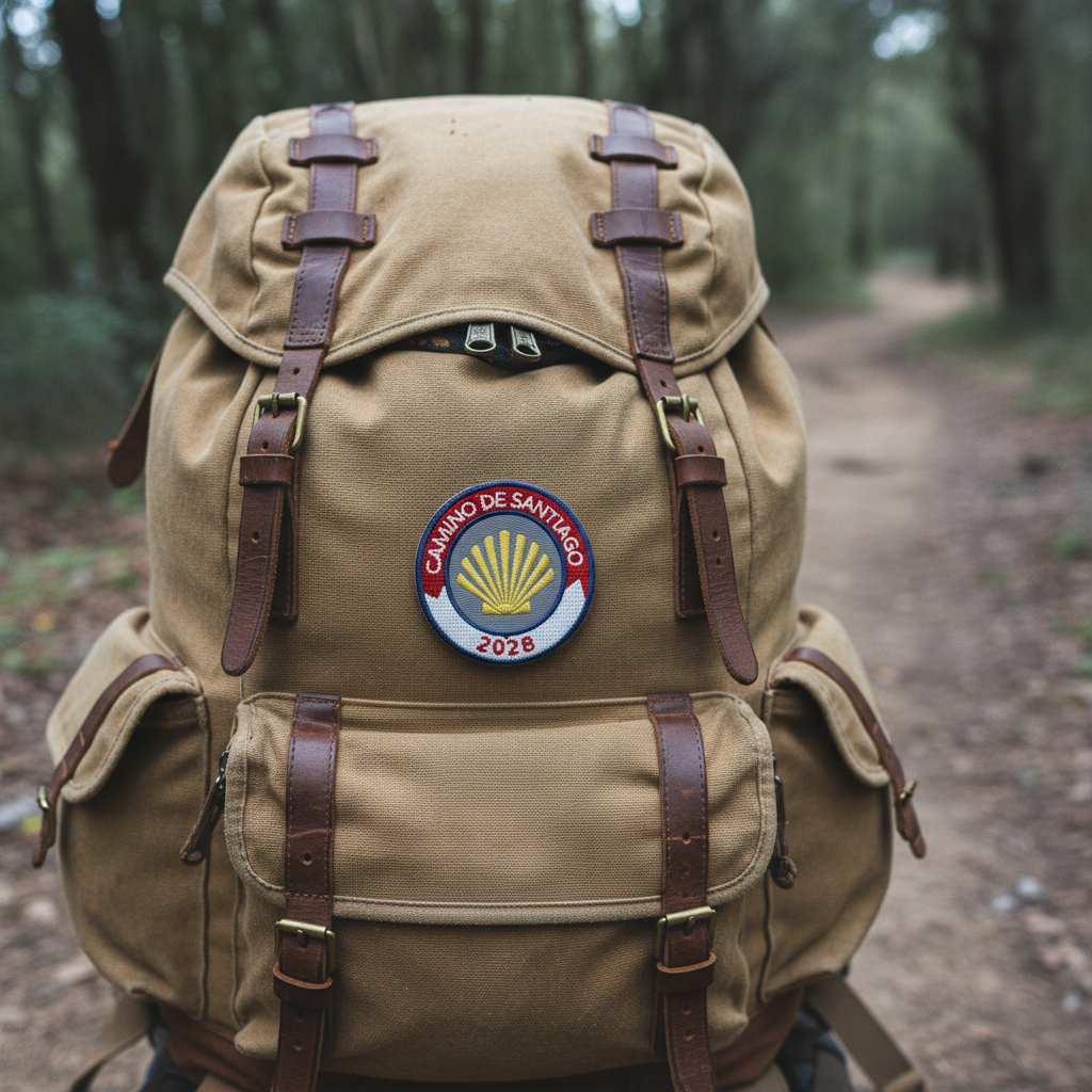 Red and white Camino de Santiago 2028 year badge iron-on patch on a tan pilgrim backpack panel