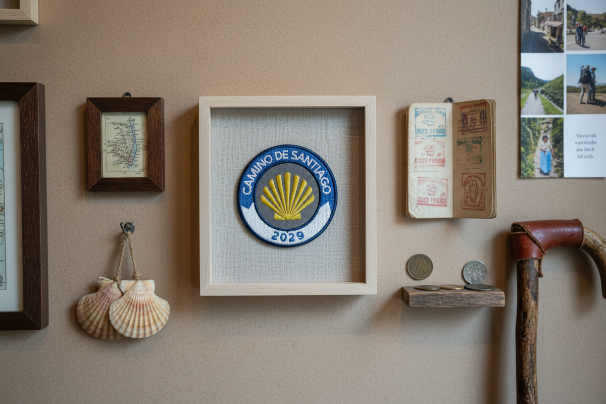 Blue and white Camino de Santiago 2029 year badge patch framed on a Camino memory wall