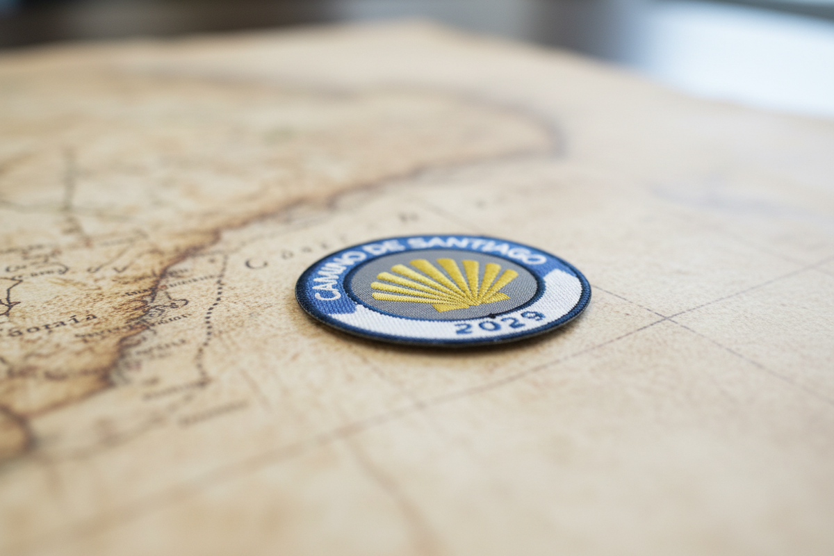 Blue and white Camino de Santiago 2029 year badge iron-on patch from Pilgrim Artifact resting at an angle on an antique map