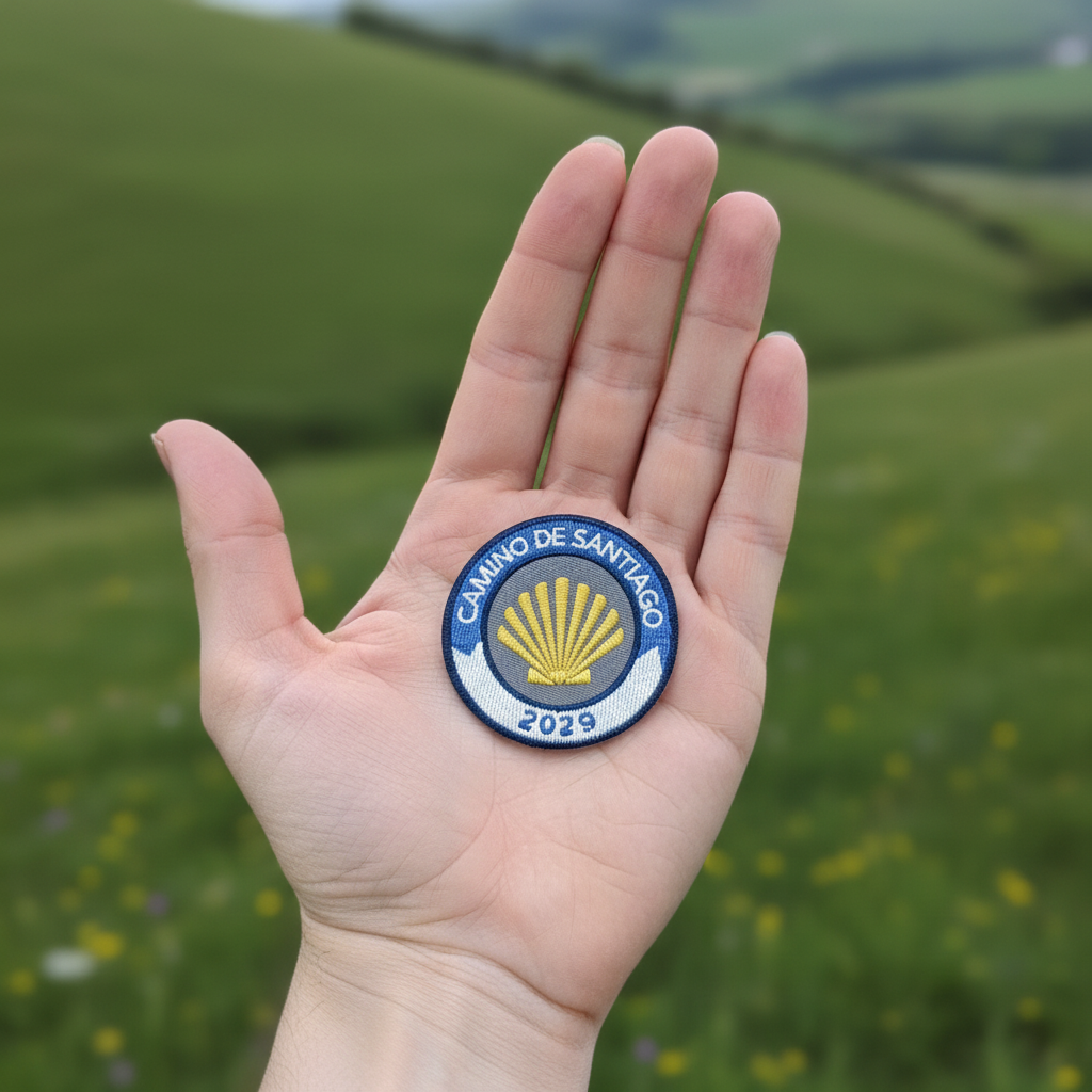 Blue and white Camino de Santiago 2029 year badge iron-on patch from Pilgrim Artifact resting on an open hand