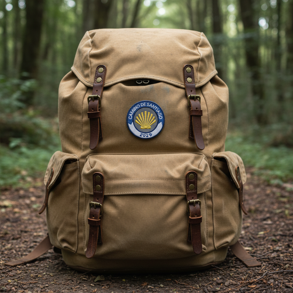 Blue and white Camino de Santiago 2029 year badge iron-on patch on a tan pilgrim backpack