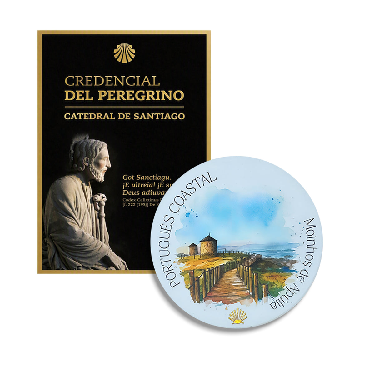 Camino Portugués Coastal ceramic coaster and official Pilgrim Credential bundle — Moinhos de Apúlia boardwalk and windmill design with gold scallop shell against a brilliant blue watercolor sky