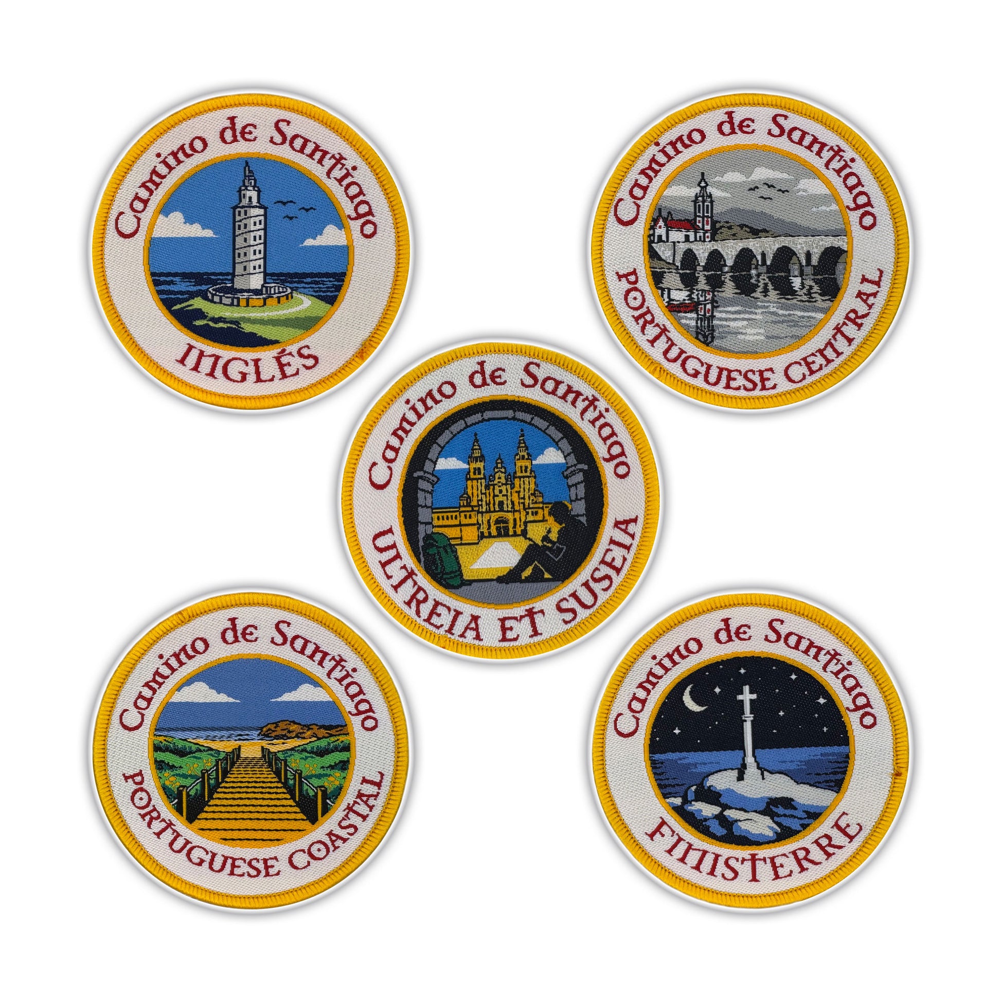 Five circular woven patches depicting different routes of the Camino de Santiago on a white background.