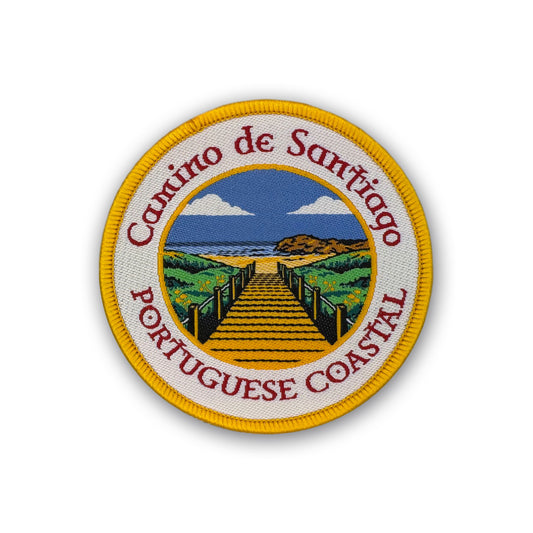 Portugués Coastal patch showing wooden boardwalk leading to the water on white background