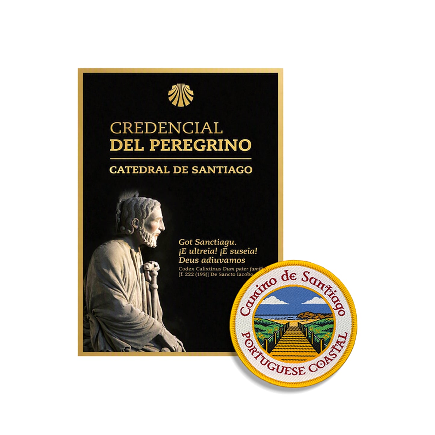 Credencial del Peregrino from the Cathedral of Santiago beside a woven Camino Portugués Coastal patch, Camino de Santiago gift bundle