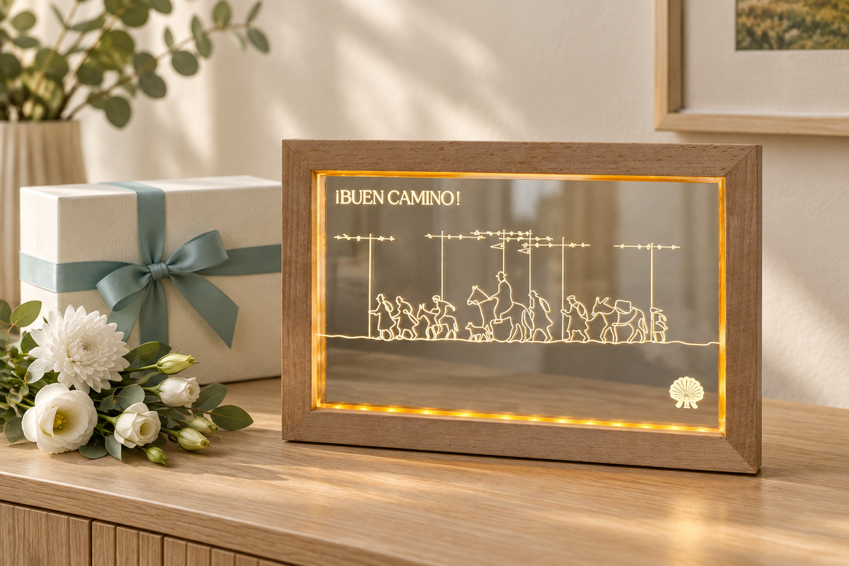 Pilgrim Artifact Alto del Perdón Camino de Santiago LED frame arranged in a gift display.
