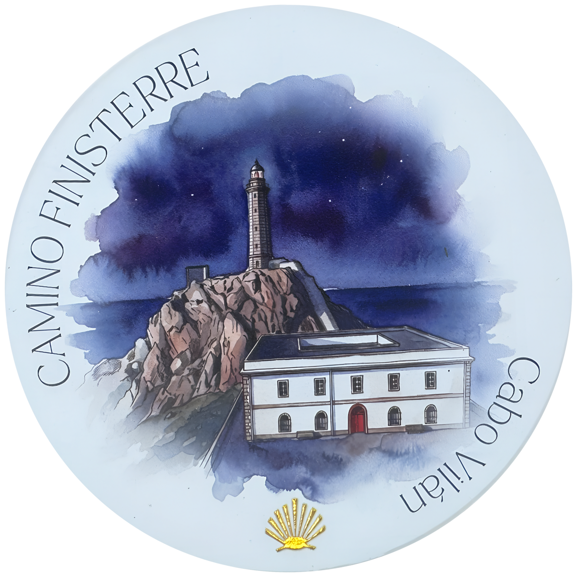 Camino Finisterre ceramic drink coaster featuring Cabo Vilán lighthouse watercolor with gold foil scallop shell accent