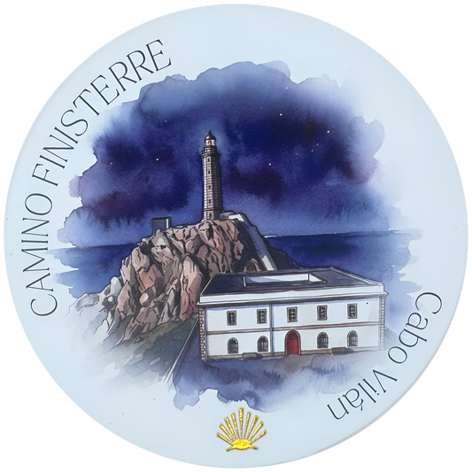 Camino Finisterre ceramic drink coaster featuring Cabo Vilán lighthouse watercolor with gold foil scallop shell accent
