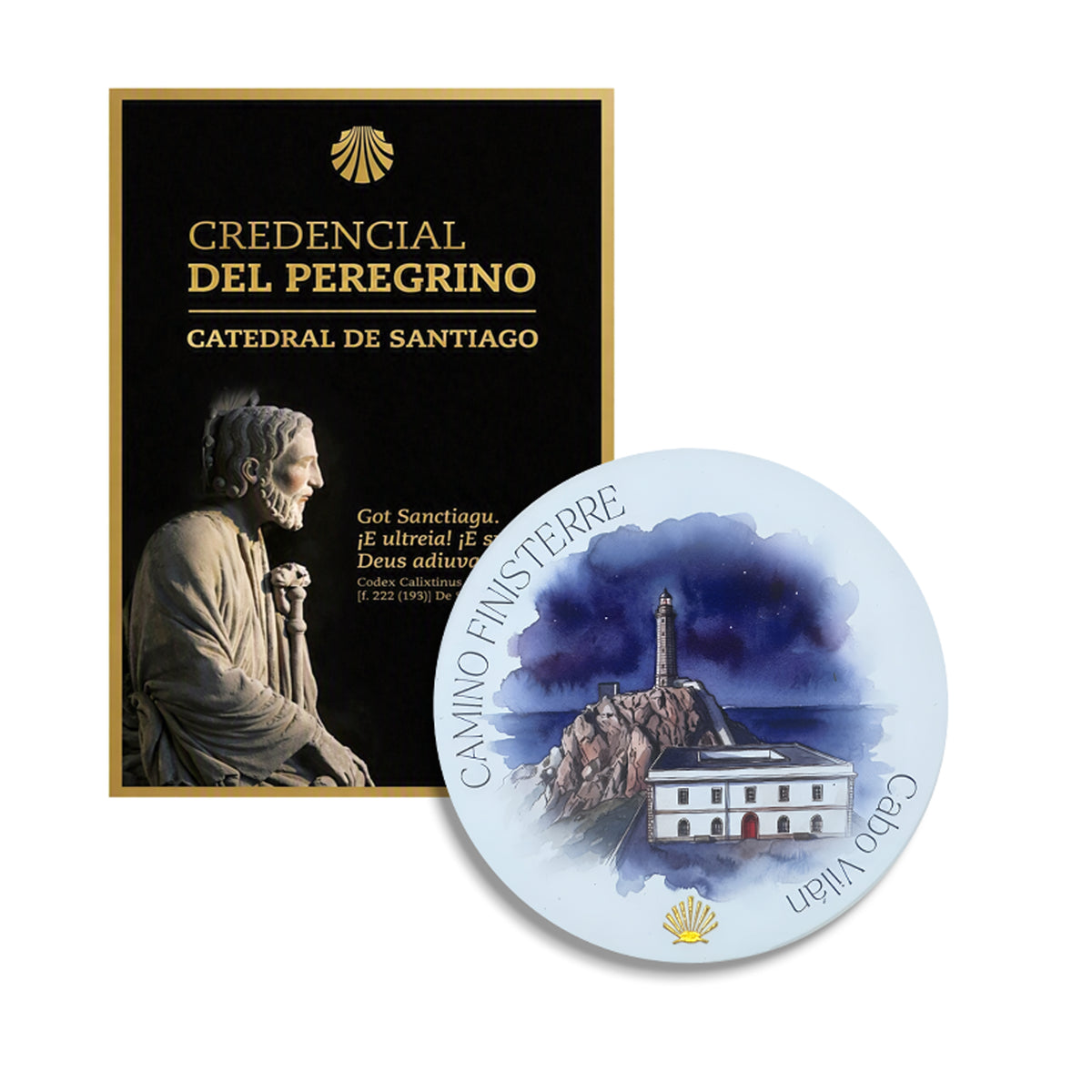 Camino Finisterre ceramic coaster and official Pilgrim Credential bundle — Cabo Vilán lighthouse perched on a rocky cliffside against a deep star-dappled night sky, with gold scallop shell